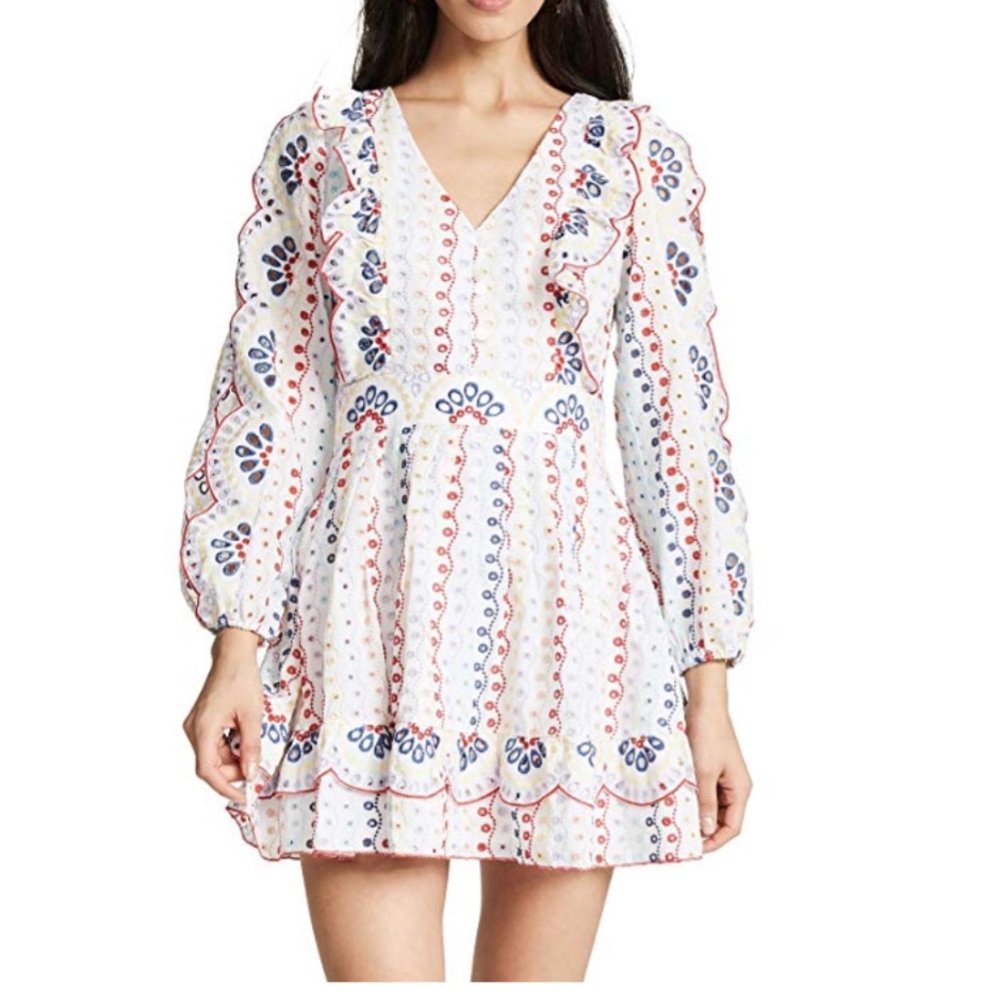 Red Carter White Mini Dress with Blue and Red Embroidery